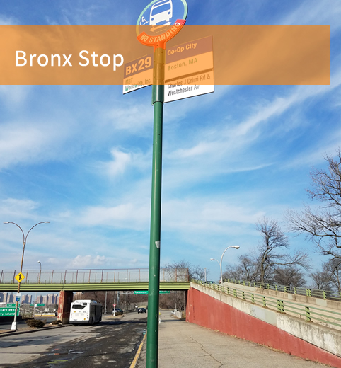Catch-A-Ride bus stop for Bronx to Boston bus and Boston to Bronx bus (NYC to Boston bus, Boston to NYC bus)